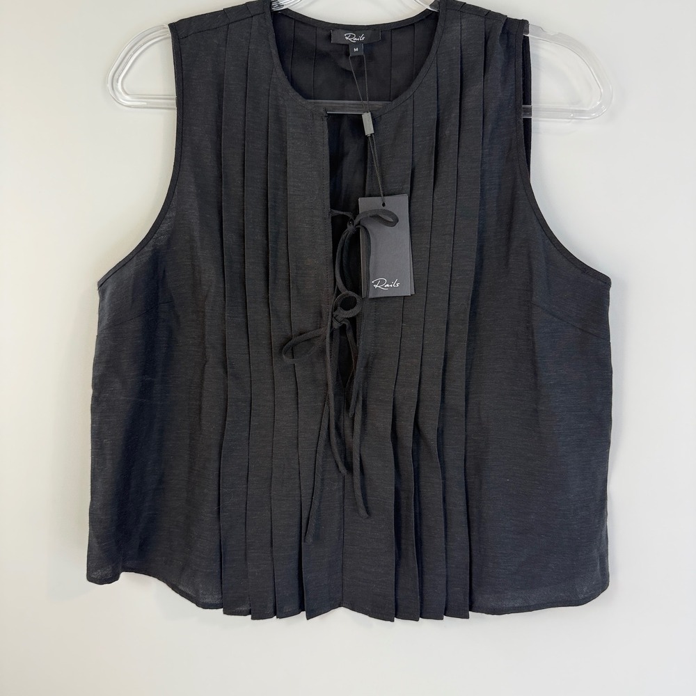 Rails Aja Top Women Size M Black Linen Pleated Tie Front Cropped $198